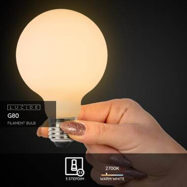 Image of Lucide 8W LED Dimmable Opal Decorative Filament 80mm Globe Bulb - Screw Cap