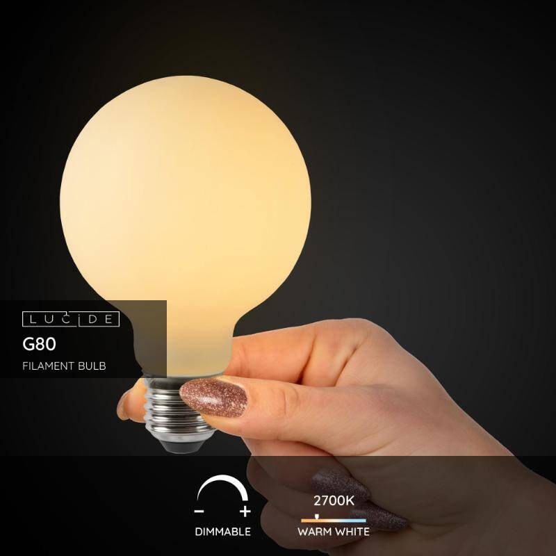 Image of Lucide 5W Dimmable LED Opal Decorative Filament 80mm Globe Bulb - Screw Cap