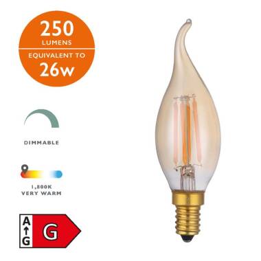Image of Dar 4W 250lm Dimmable LED Vintage Decorative Filament Bent Tip Candle Bulb - Small Screw Cap