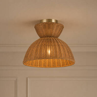 Image of Khudi & Khora Espresso Rattan Semi-Flush Ceiling Light