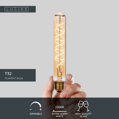 Image of Lucide 4. 9W LED Dimmable Decorative Filament 200mm Amber Tubular Bulb - Screw Cap