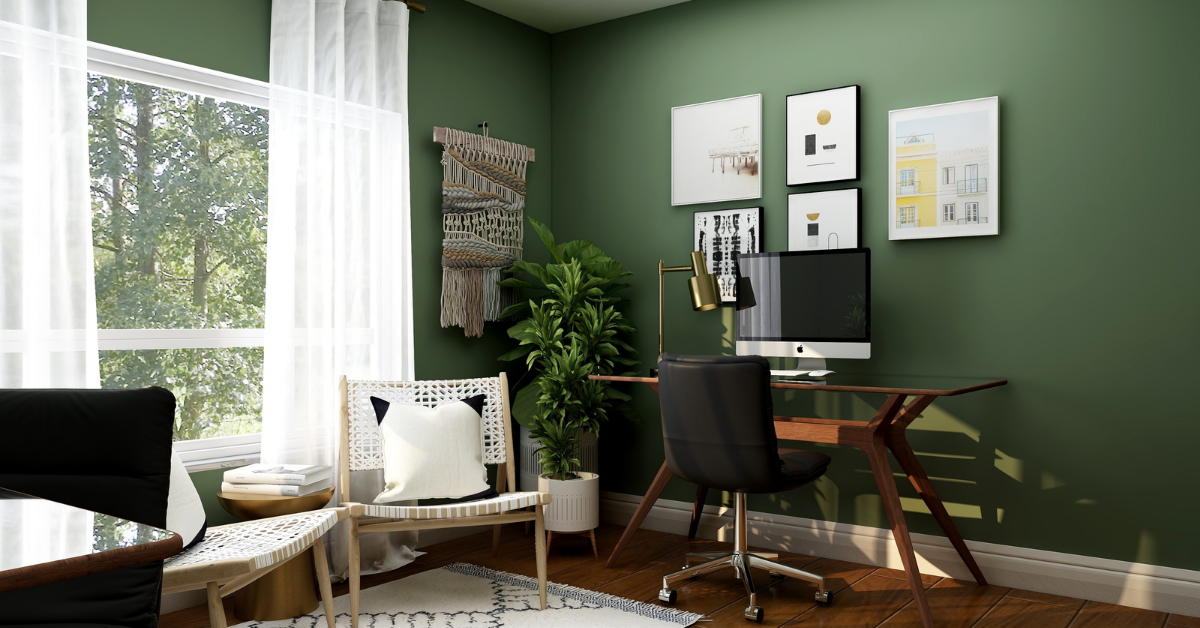 olive green home office with sheer white curtains and natural decor