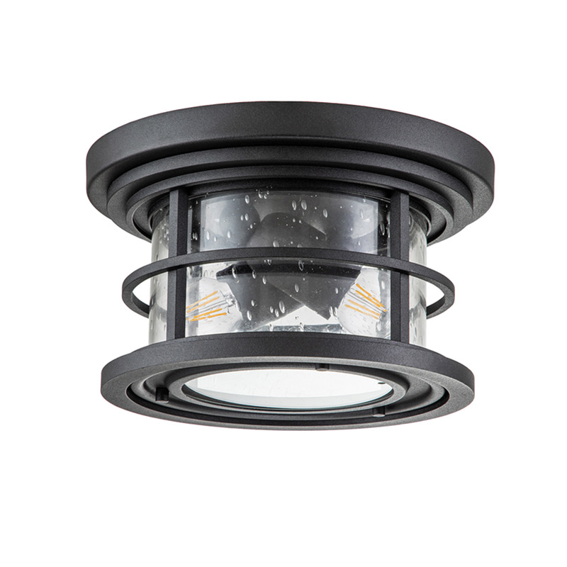 Feiss Lighthouse Outdoor Flush Ceiling Light - Textured Black with Clear Seeded Glass