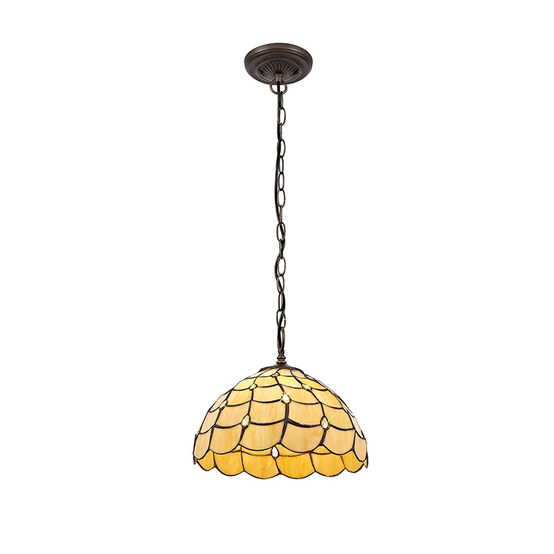Georgia Single Ceiling Pendant Light - Aged Antique Brass with Beige and Clear Crystal Tiffany Glass Shade
