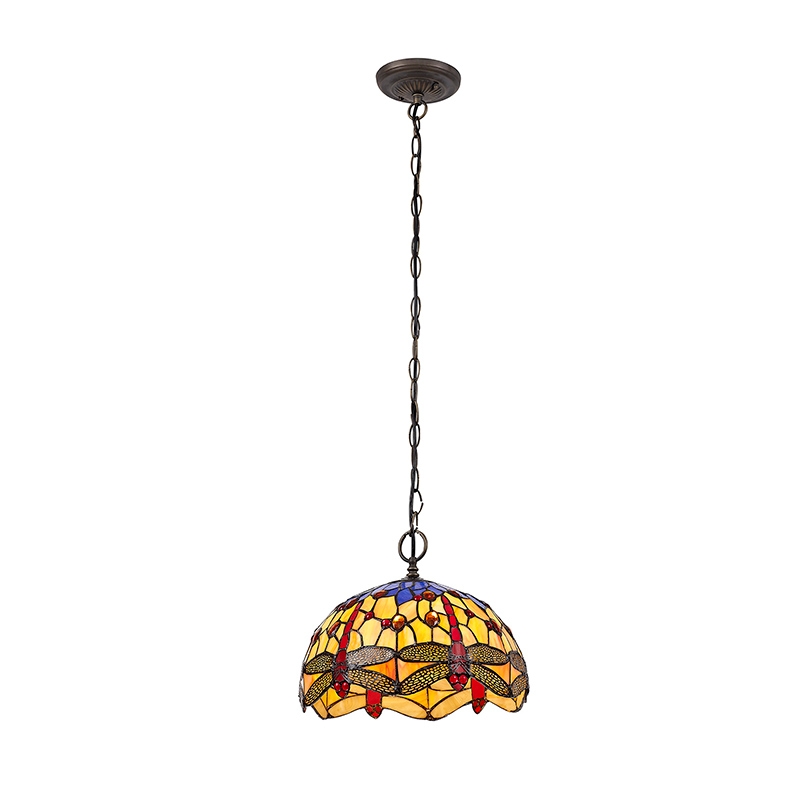 Evelynn Single Ceiling Pendant Light - Aged Antique Brass with Orange, Blue and Amber Tiffany Glass Shade