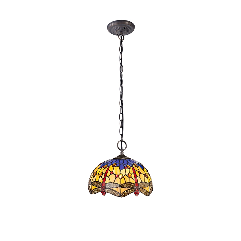 Evelynn 2 Light Ceiling Pendant - Aged Antique Brass with Orange, Blue and Amber Tiffany Glass Shade