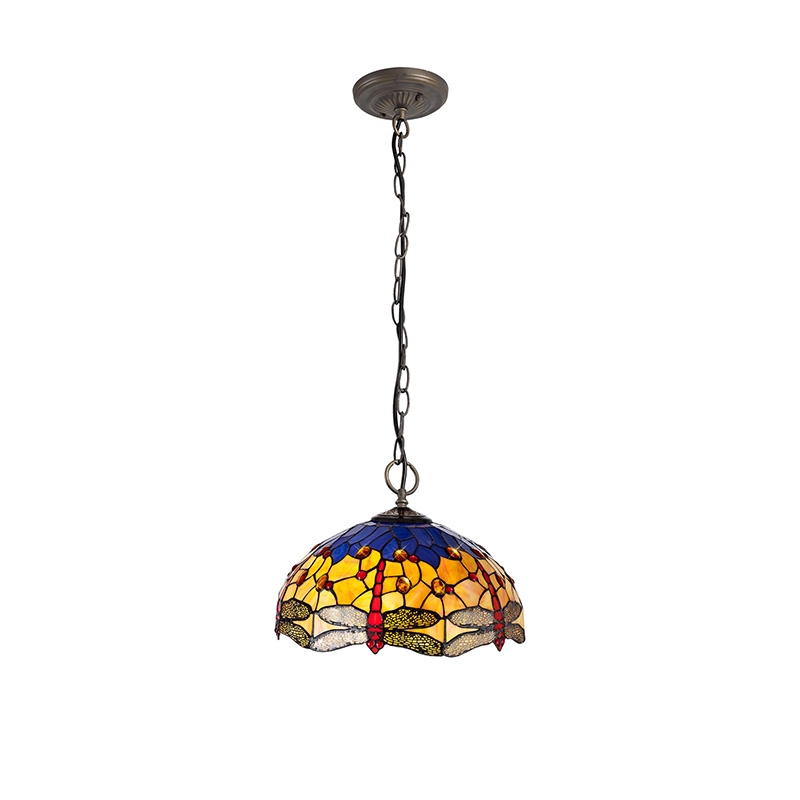 Evelynn Large 3 Light Ceiling Pendant - Aged Antique Brass with Orange, Blue and Amber Tiffany Glass Shade
