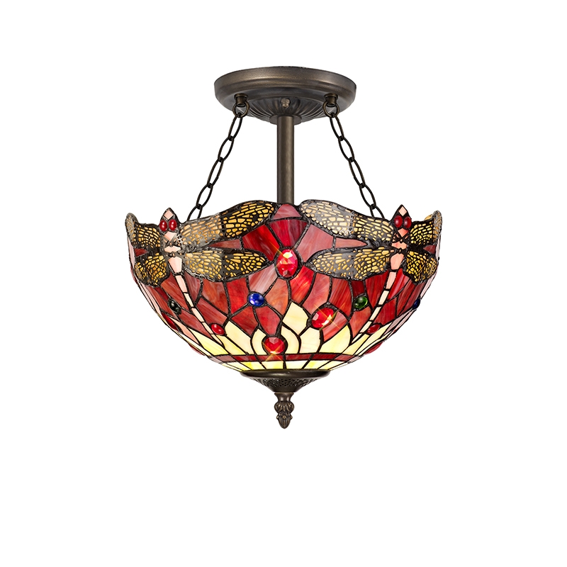 Evelynn 3 Light Semi-Flush Ceiling Light - Aged Antique Brass with Purple, Pink and Red Tiffany Glass Shade