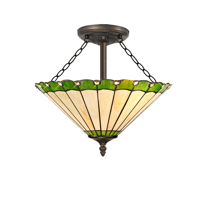Dresden 3 Light Semi-Flush Ceiling Light - Aged Antique Brass with Green Tiffany Glass Shade