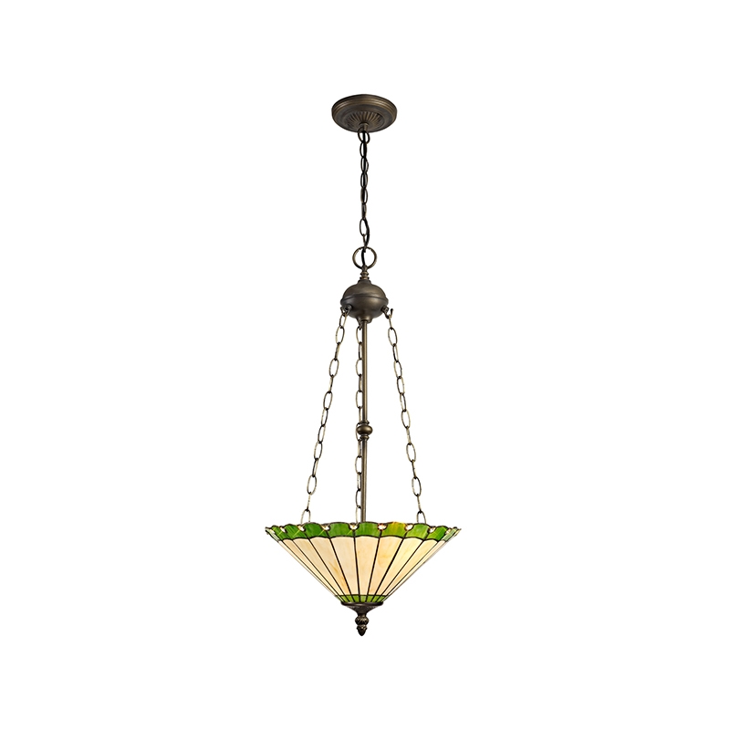 Dresden Large 3 Light Ceiling Pendant - Aged Antique Brass with Green Tiffany Uplighter Glass Shade