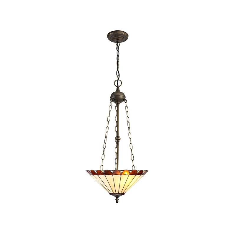 Dresden 3 Light Large Ceiling Pendant - Aged Antique Brass with Amber Tiffany Glass Uplighter Shade