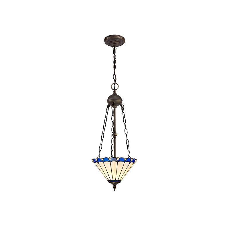 Dresden 2 Light Ceiling Pendant - Aged Antique Brass with Blue Tiffany Glass Uplighter Shade