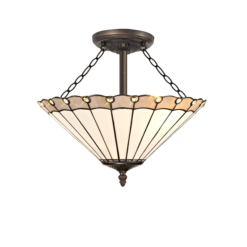 Dresden 3 Light Semi-Flush Ceiling Light - Aged Antique Brass with Grey Tiffany Glass Shade