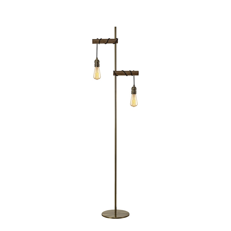 Komore 2 Light Floor Lamp - Aged Wood and Antique Brass