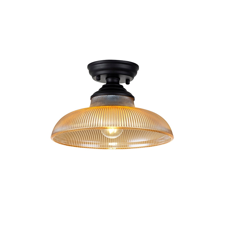 Missouri Single Light Flush Ceiling Light - Matt Black with Round 30cm Amber Glass Shade