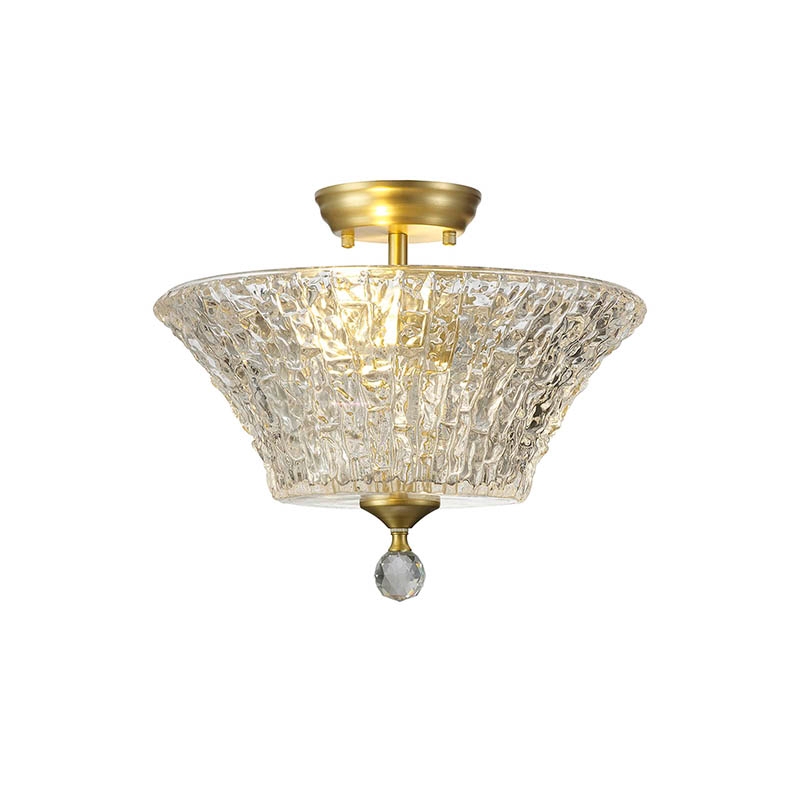 Missouri 2 Light Flush Ceiling Light - Satin Gold with 38cm Textured Clear Glass Shade