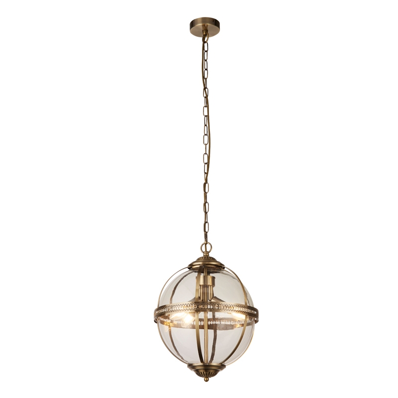 Searchlight Coronet 3 Light Glass Ceiling Pendant - Antique Brass