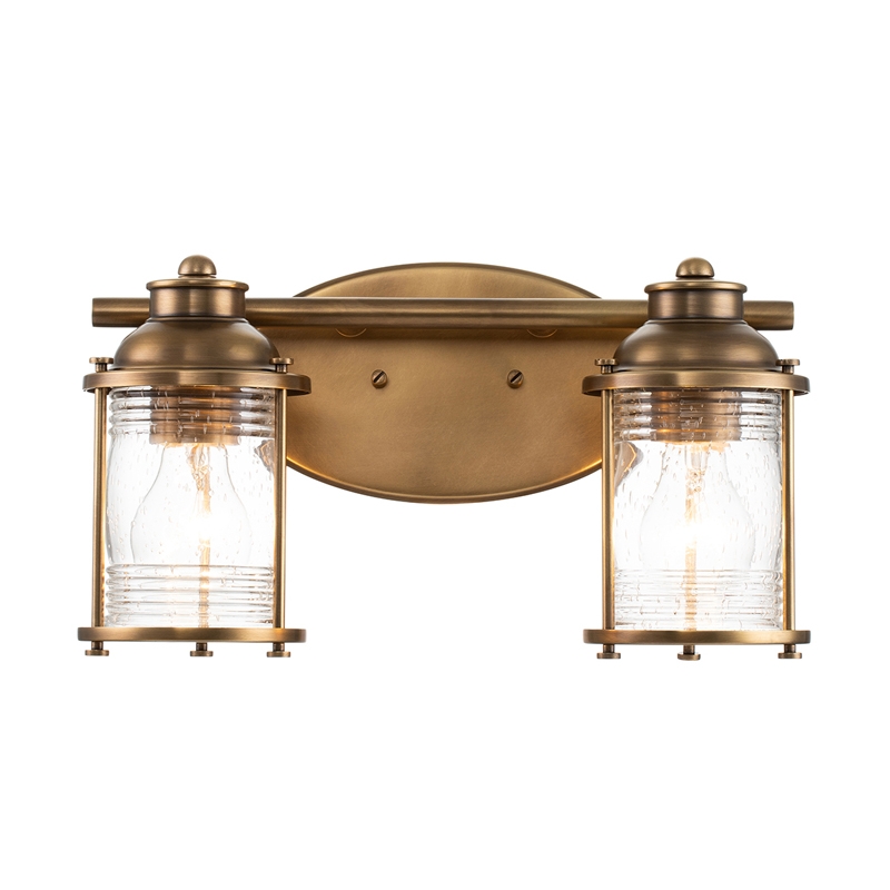 Quintiesse Ashland Bay 2 Arm Bathroom Wall Light - Natural Brass with Clear Seeded Glass