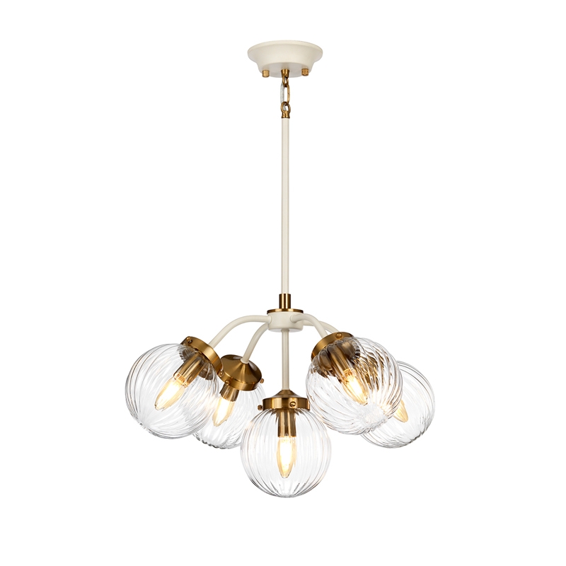 Elstead Cosmos Glass 5 Arm Ceiling Pendant Light - Cream & Aged Brass