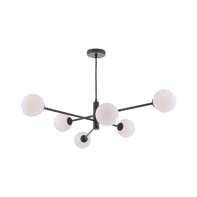 Dar Vignette 6 Arm Ceiling Pendant Light - Matt Black with Opal Glass