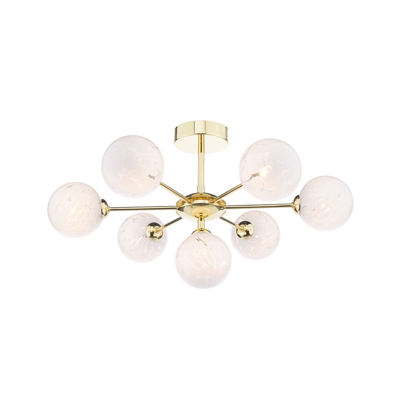 Dar Cohen 7 Arm Semi-Flush Ceiling Light With Opal Glass - Polished Gold