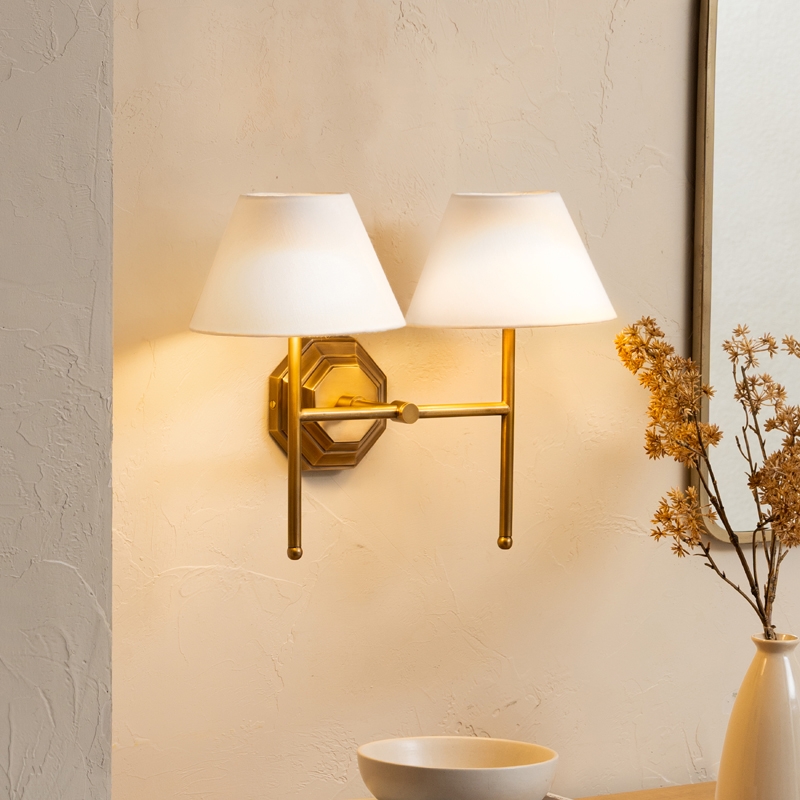 Khudi & Khora Lorelei Twin Wall Light - Antique Gold with White Shade