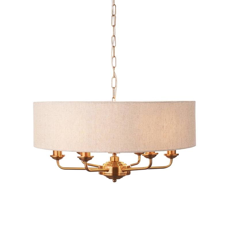 Luxia Bampton 6 Arm Ceiling Pendant Light - Vintage Brass & Natural Linen Shade