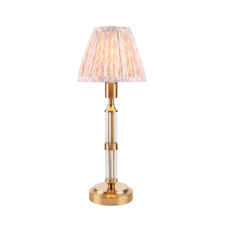 Luxia Kingham LED USB Rechargeable Touch Table Lamp - Brushed Brass with Pastel Pink Shade