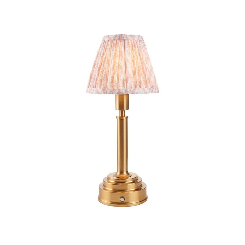 Luxia Aspley LED USB Rechargeable Touch Table Lamp - Brushed Brass with Pastel Pink Shade