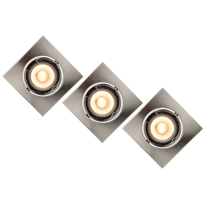 Lucide Focus Square Recessed Fixed Downlight - Satin Chrome - Set of 3