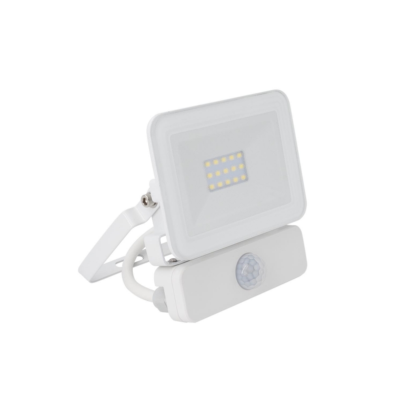 10W Cool White LED Floodlight 1000lm Glass IP65 - with PIR Sensor - White