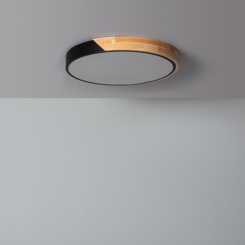 Edit Dari Round 24W White Selectable LED Flush Ceiling Light - Black & Wood