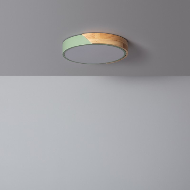 Edit Dari Round 18W White Selectable LED Flush Ceiling Light - Green & Wood