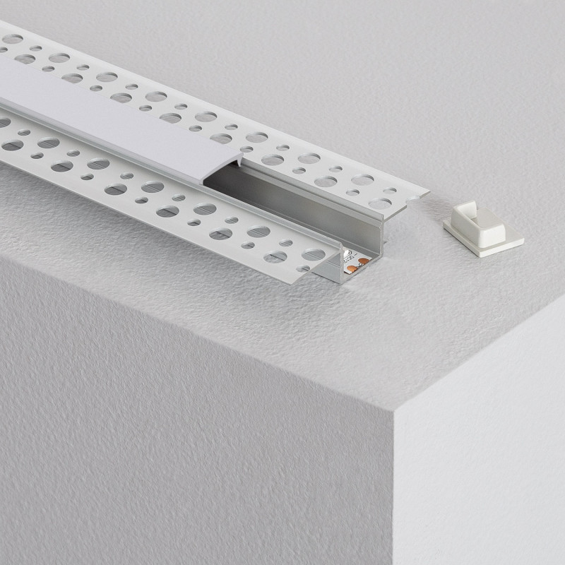 2M Integrated Plaster/Plasterboard Aluminium Profile with Continous Translucent Cover for LED Strips up to 15mm