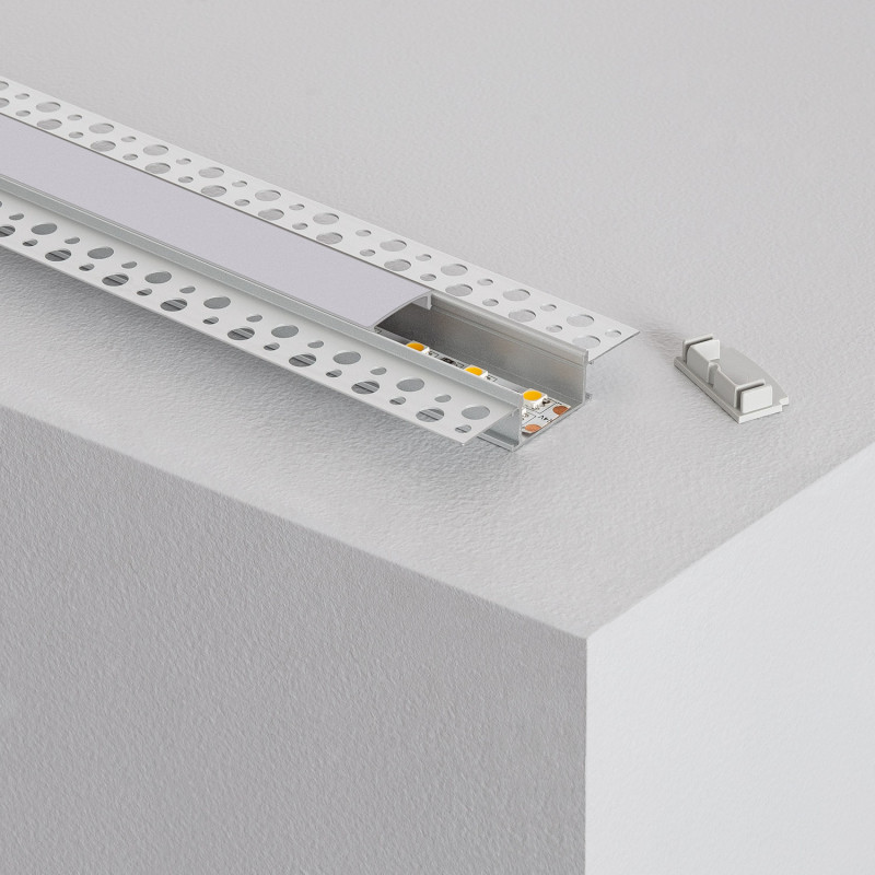 1M Integrated Plaster/Plasterboard Aluminium Profile with Translucent Cover for Double LED Strips up to 20mm