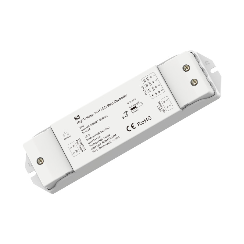 RGB-CCT LED Strip Dimmer Controller 220-240V AC Compatible with Push Button and RF Remote