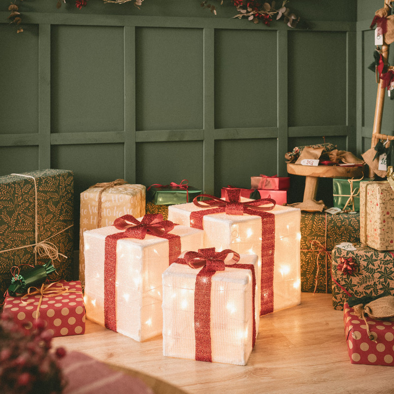 Edit Set of 3 Battery Operated LED Gift Boxes - White and Red